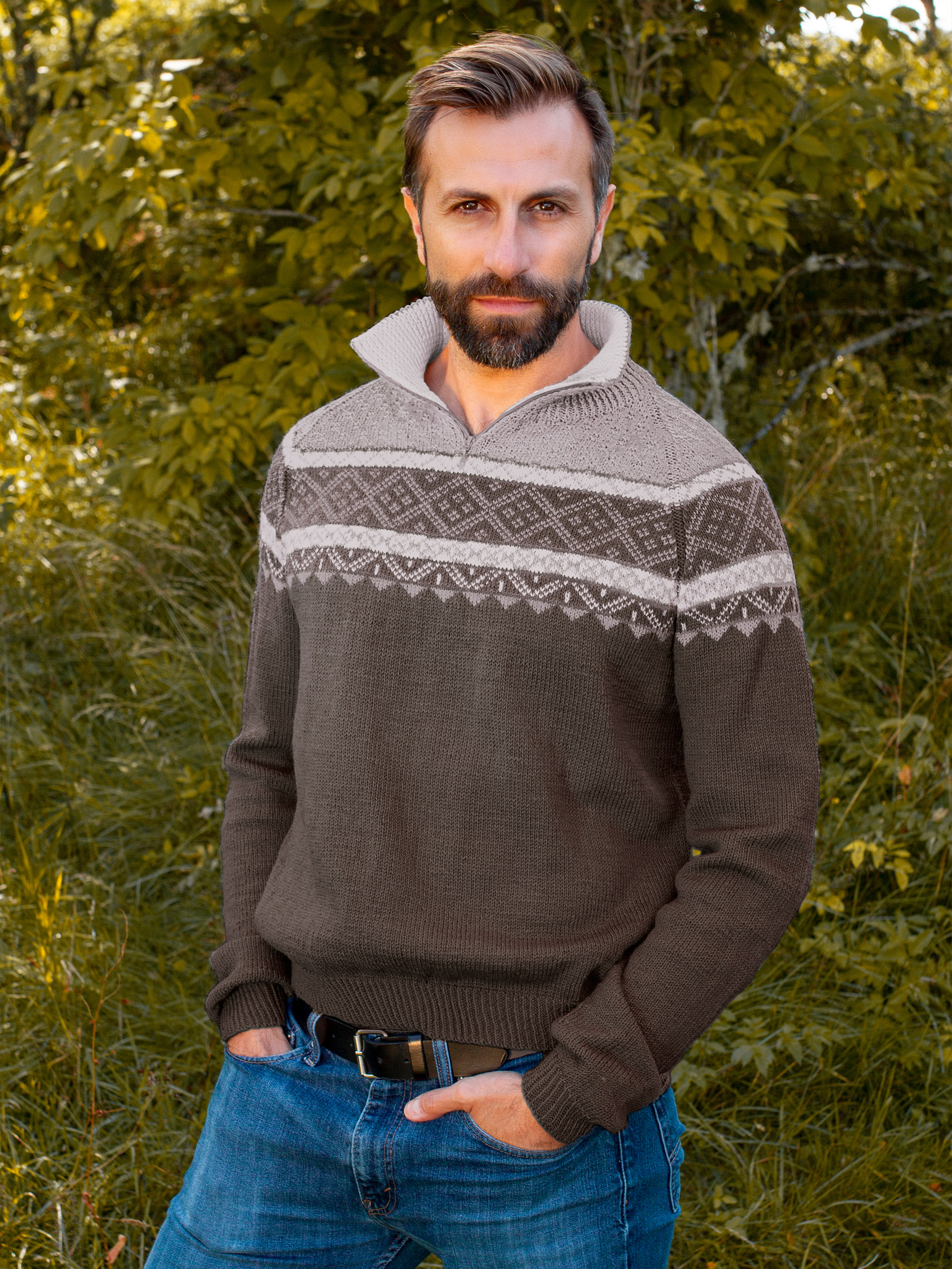 Ein zip-herrtröja brunmelerad/beige