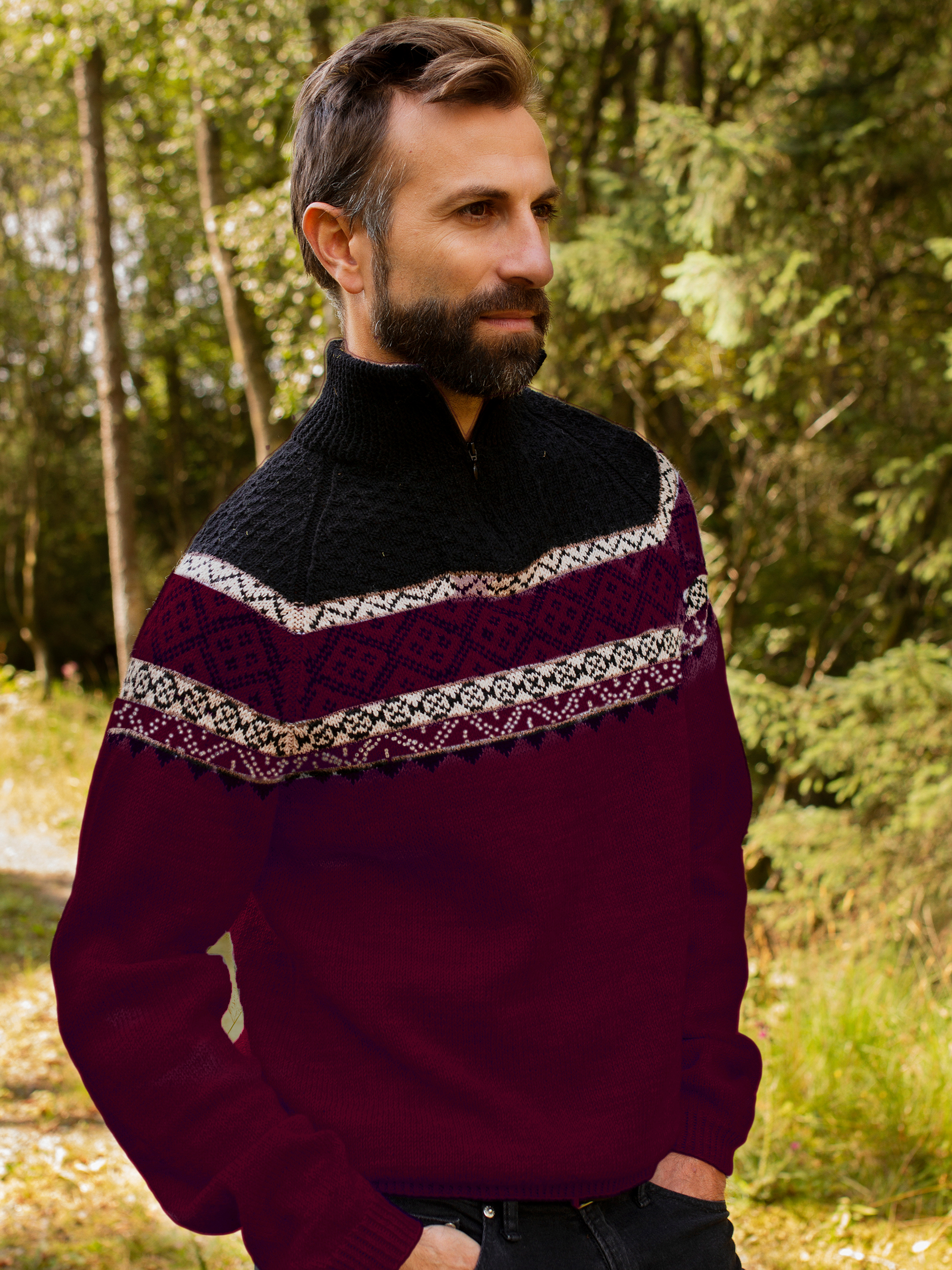 Ein zip-herrtröja vinröd/svart