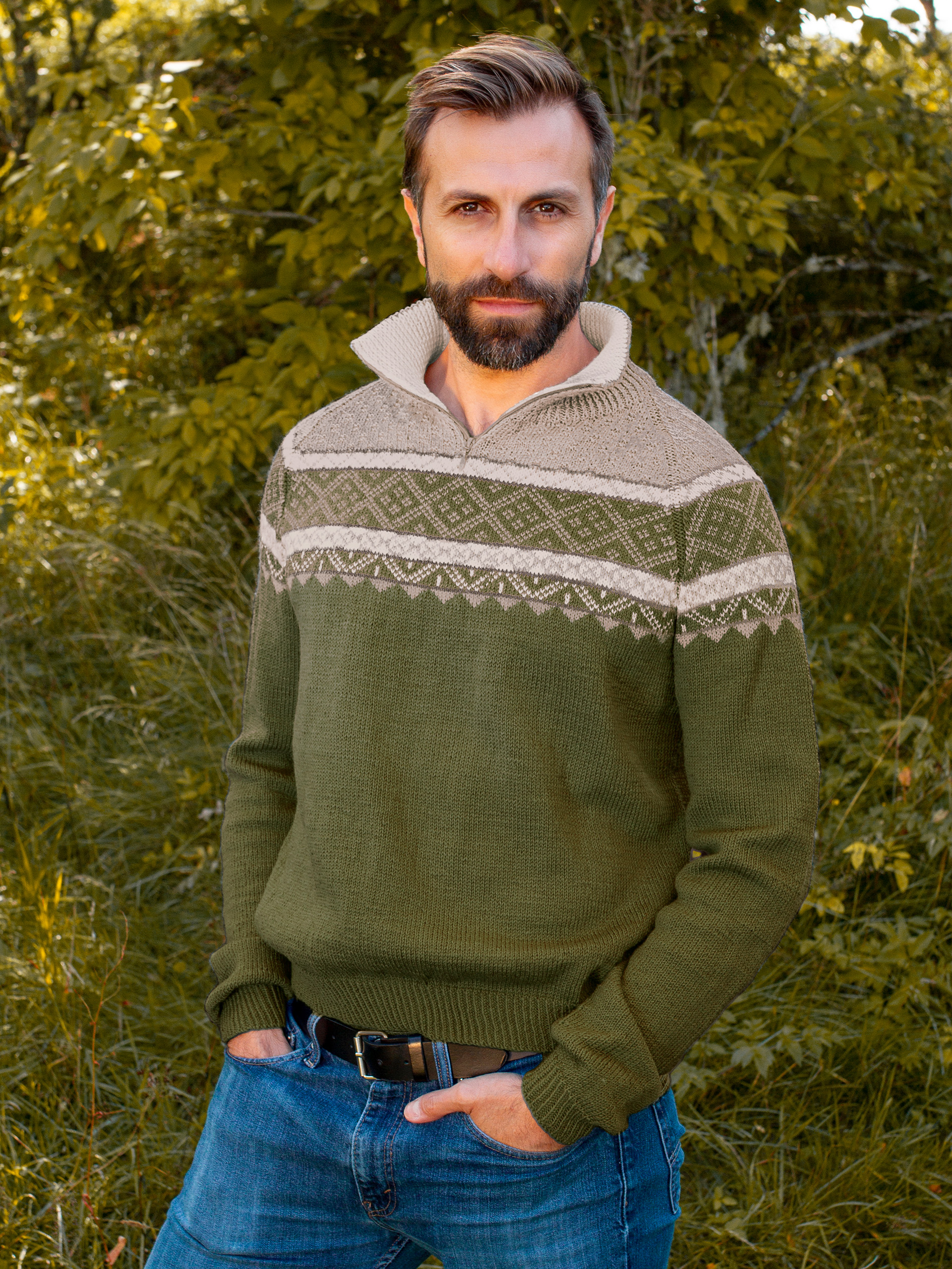 Ein zip-herrtröja oliv/beige