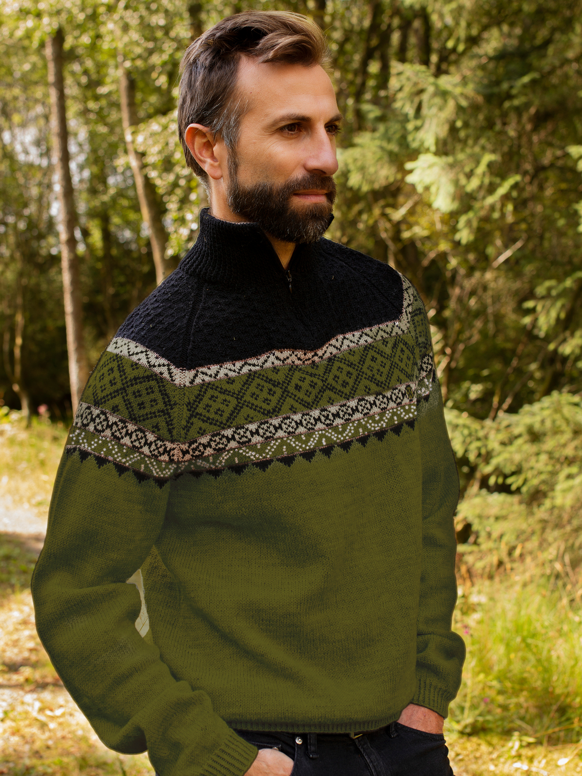 Ein zip-herrtröja oliv/svart