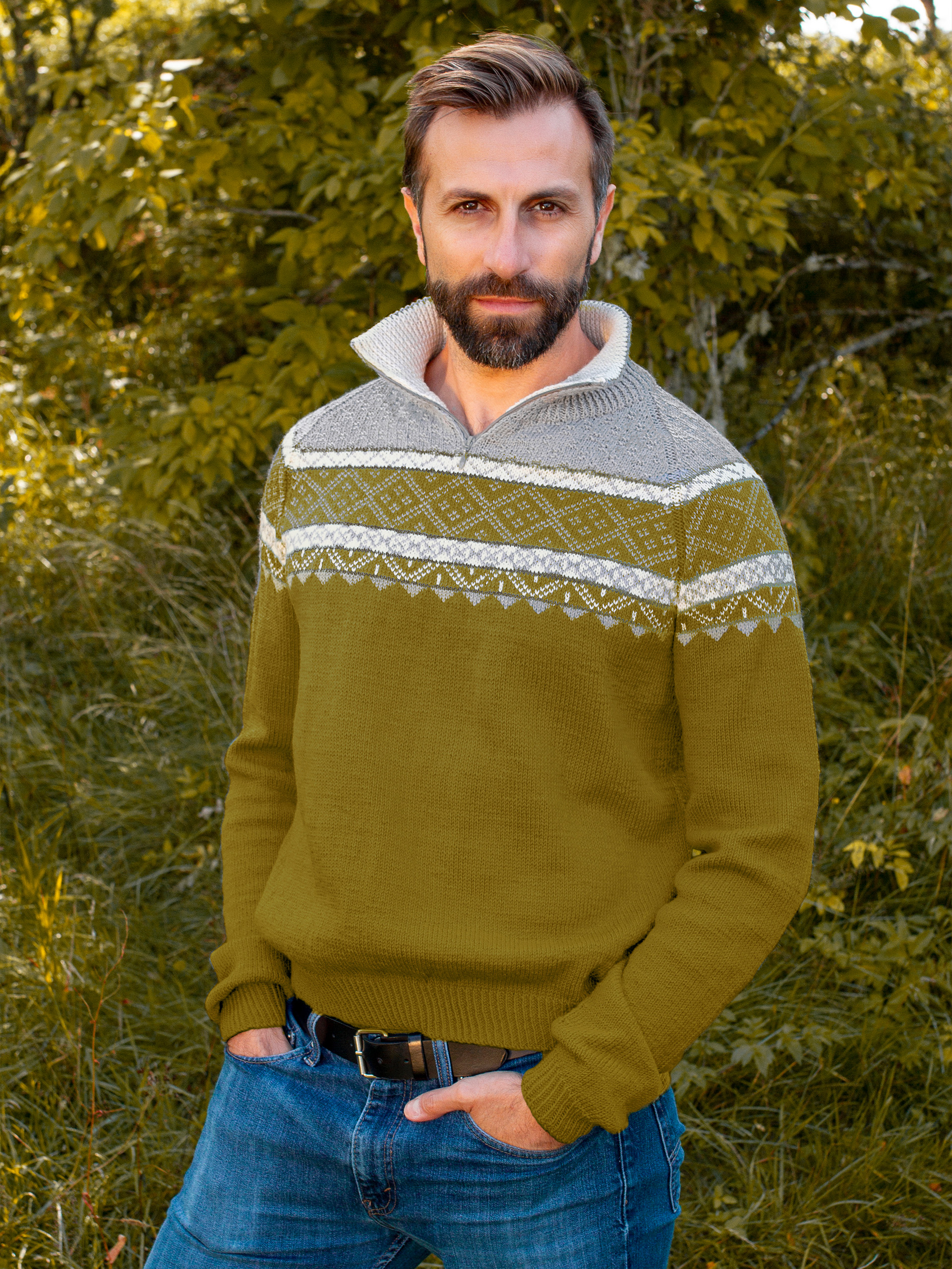 Ein zip-herrtröja senap/grå