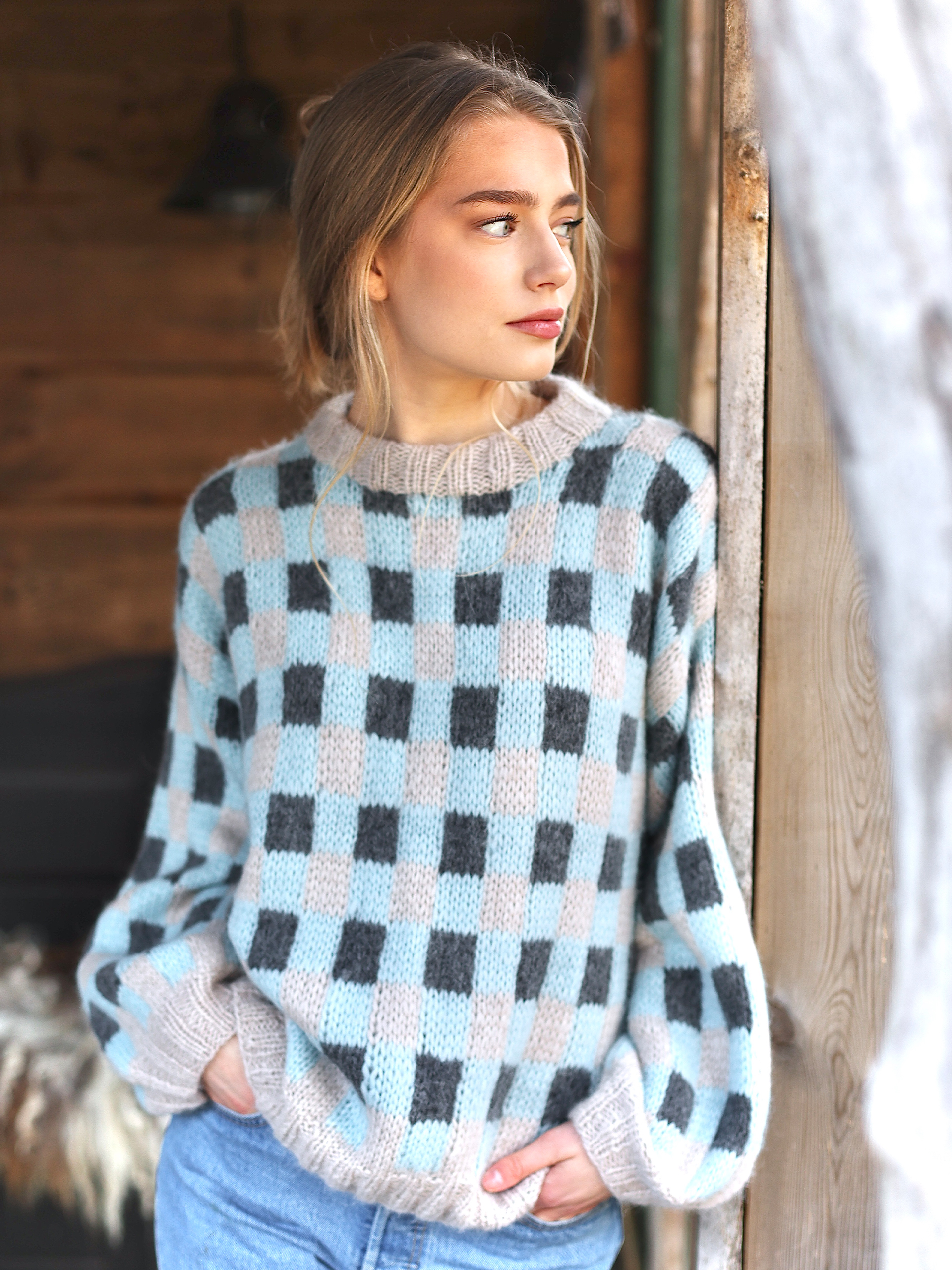 Rut tröja sand/ljus petrol