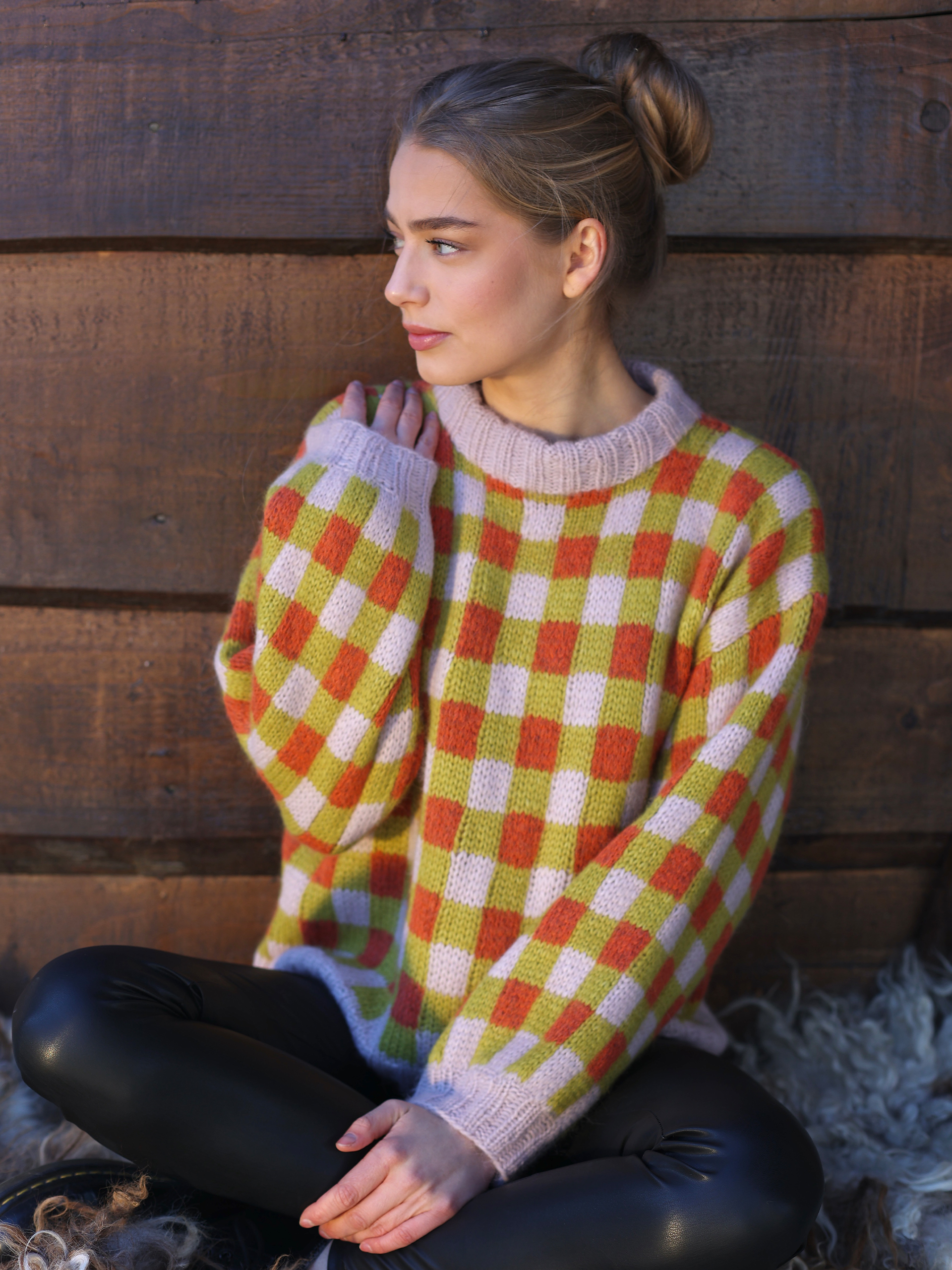 Rut tröja lime/oransje